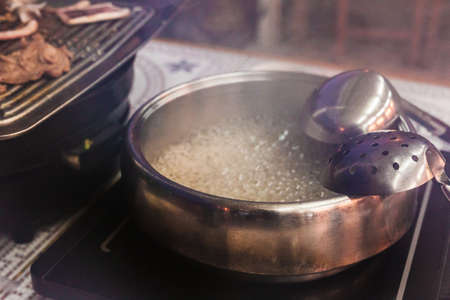 Thailand street food BBQ and soup with seafood: squid, fish. Selective focusの写真素材