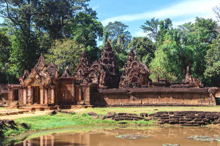 Tower and galleries at sunny morning in Banteay Srei Temple, Siem Reap, Cambodia.の写真素材