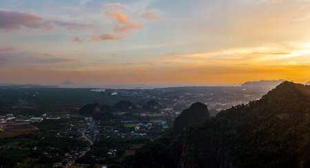 Tiger Cave Temple at Krabi Province, Thailand. Picturesque observation point. Beautiful sunset. Panoramaの写真素材