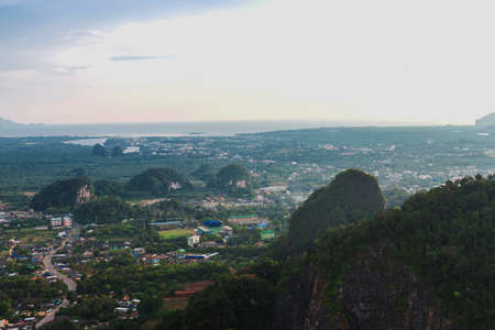 Tiger Cave Temple at Krabi Province, Thailand. Picturesque observation point. Beautiful sunsetの写真素材