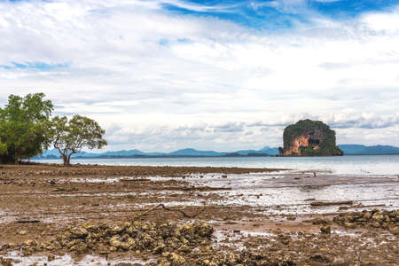Fishing village at low tide - ethnic buildings and long tail boats. Koh Lanta Island, Krabi Province, Thailand.の写真素材