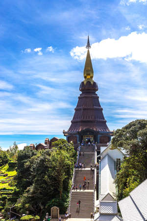 Doi Inthanon, Thailand - December 2, 2016: Phra Mahathat Napha Methanidon and Phra Mahathat Naphaphon Bhumisiri, a twin pagodas and park at Doi Inthanon, Chiang Maiのeditorial素材