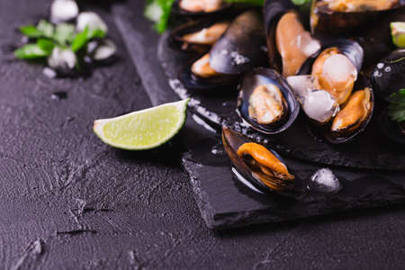 Raw seafood - fresh uncooked mussels on ice with cilantro and coriander on black iron plate over dark slate stone background. Healthy food concept. Top view.の写真素材