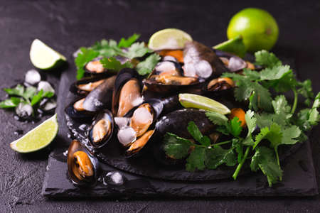 Raw seafood - fresh uncooked mussels on ice with cilantro and coriander on black iron plate over...