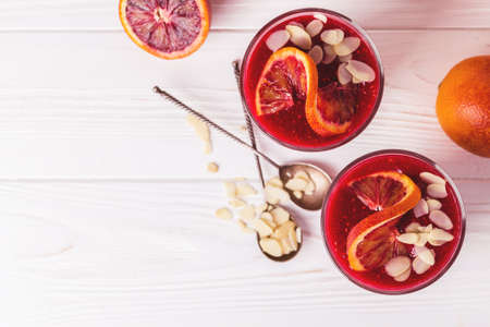 Chia pudding with fresh bloody orange and jam. Superfoods and healthy food concept.Selective focus. Breakfast idea.の写真素材