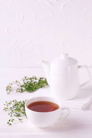 Thyme herbal tea. Healthy drink. Copyspace. Alternative medicineの写真素材