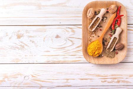 Indian Asian spices on white background. Copyspace. Top viewの写真素材