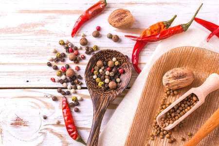 Indian Asian spices on white background. Copyspace. Top viewの写真素材