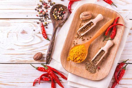 Indian Asian spices on white background. Copyspace. Top viewの写真素材