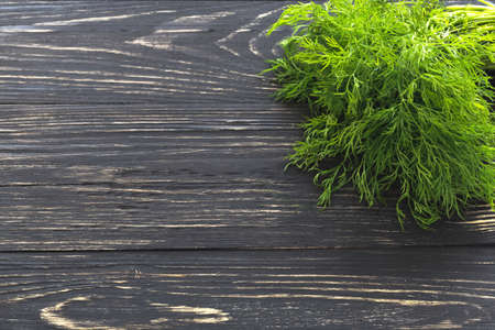 bunch of fresh organic dill on a rustic wooden backgroundの写真素材
