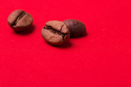 Roasted coffee beans isolated on red background. Color surge trend. Macroの写真素材