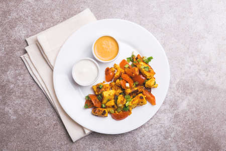 Indian cuisine. Paneer Tikka Kabab with chilli pepper, onions and curry sauce in white plate on gray stone background. Asian salad. Top view. Copy spaceの写真素材