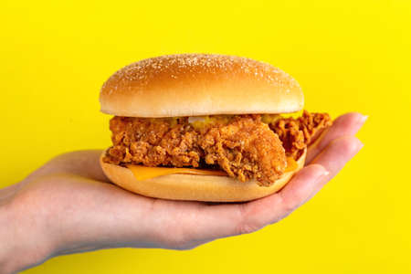 Woman's hand is holding delicious hamburger or burger on bright background. Junk and fast food. Copy spaceの写真素材