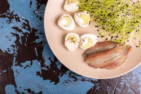 Unusual salad with leek sprouts, quail eggs and anchovies in plate on black and blue concrete...