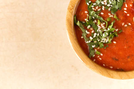 Italian pureed tomato soup gazpacho with croutons and fresh basil. Healthy food concept.の写真素材