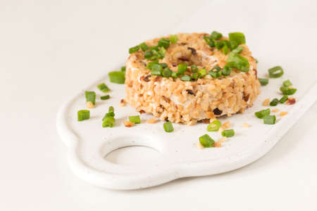 Cream cheese with green onions and herbs, dip sauce. Breakfast conceptの写真素材