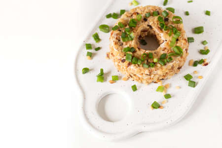 Cream cheese with green onions and herbs, dip sauce. Breakfast conceptの写真素材