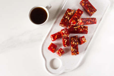 Georgian sweets churchkhela with nuts and pomegranate juice. Close-up. Ramadan. Vegetarianの写真素材