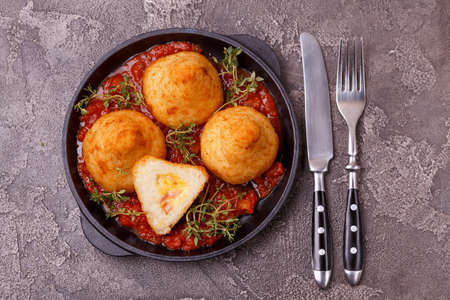 sicilian arancini di riso. fried risotto rice balls. italian  food. Coxinha of chicken, Brazilian...