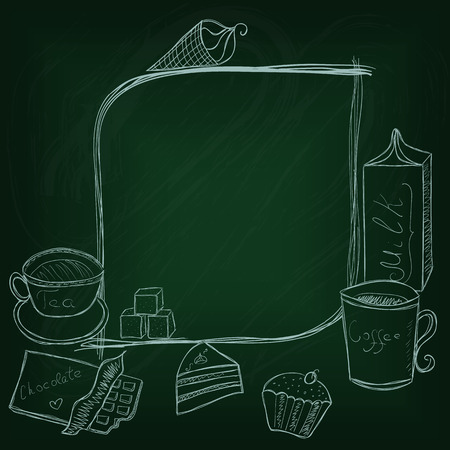 Sweet food and coffee frame on a green blackboardのイラスト素材
