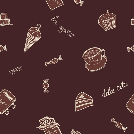 Seamless pattern with the image of sweet food on a brown backgroungのイラスト素材
