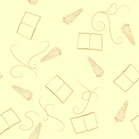 Seamless pattern with a graceful ornament from books and feathers on a yellow backgroundのイラスト素材