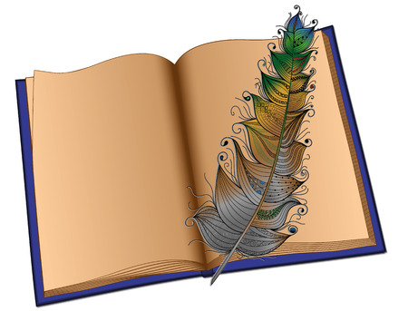The book in a blue cover and a multi-colored feather on the isolated white backgroundのイラスト素材