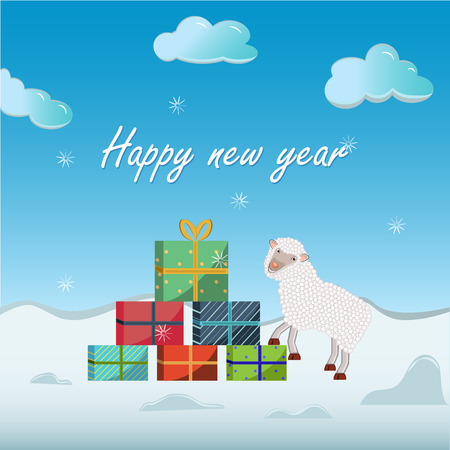 Christmas card with sheep and colorful giftsのイラスト素材