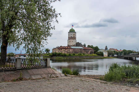 Castle at the lake in Vyborg, Russiaの写真素材