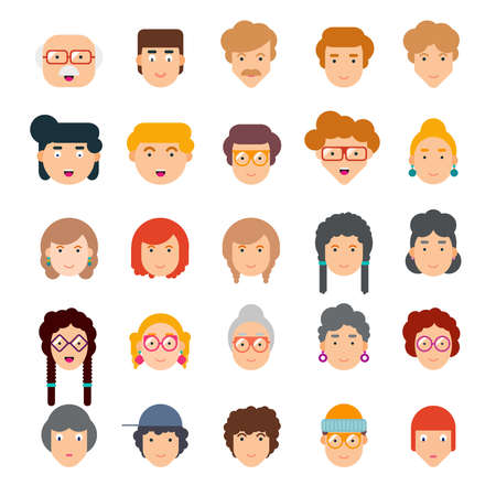 Colorful set of faces in flat design. Vector illustration of flat design people characters.のイラスト素材