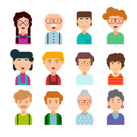Colorful set of male and female faces in a flat design. Vector illustration. Collection of cute avatarsのイラスト素材
