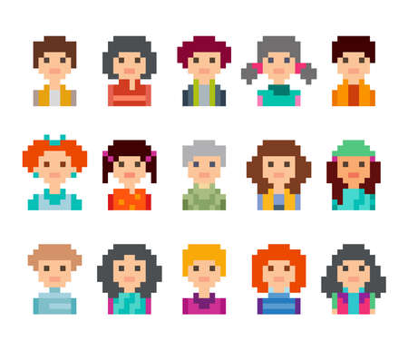 Cute pixel male and female avatars faces, isolated on white backgroundのイラスト素材