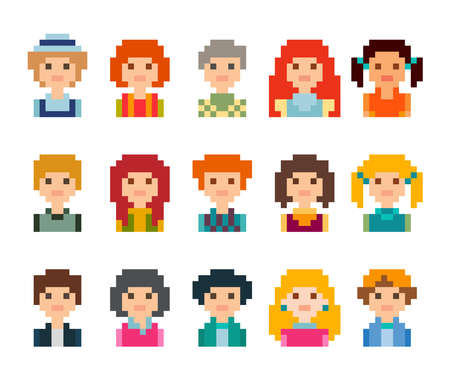 Set of cute avatars in pixel style. Cute pixel male and female avatars, isolated on white backgroundのイラスト素材