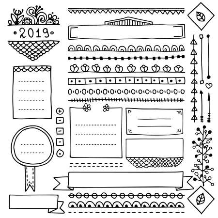 Bullet journal hand drawn vector elements for notebook, diary and planner. Doodle banners isolated on white background. Notes, list, frames, dividers, ribbons.のイラスト素材