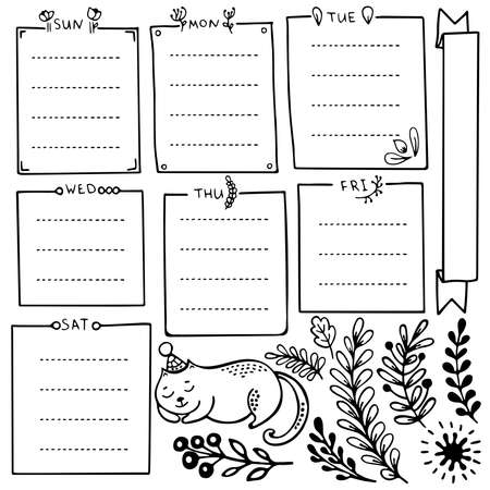 Bullet journal hand drawn vector elements for notebook, diary and planner. Set of doodle frames, banners and floral elements isolated on white background.のイラスト素材