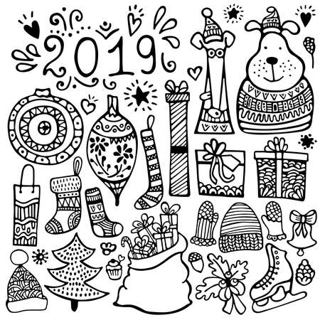 Set of cute hand-drawn Christmas, New Yearâs and winterâs elements isolated on white background.のイラスト素材