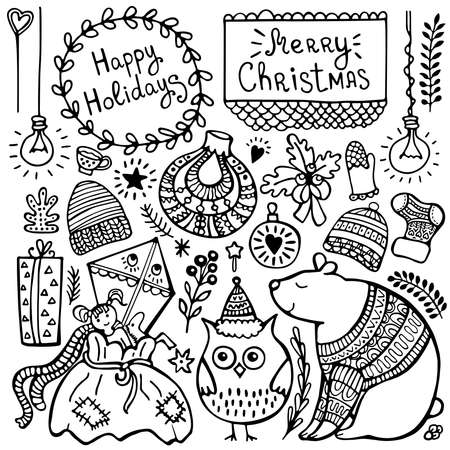 Set of cute hand-drawn doodle Christmas, New Yearâs and winterâs elements isolated on white background.のイラスト素材