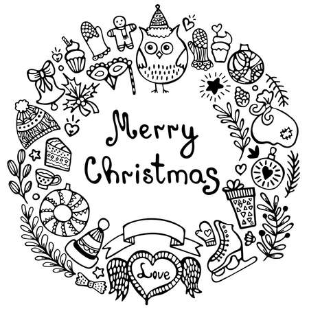 Christmas and New Year wreath with hand drawn elements. Winter and festive doodle background. Greeting card.のイラスト素材