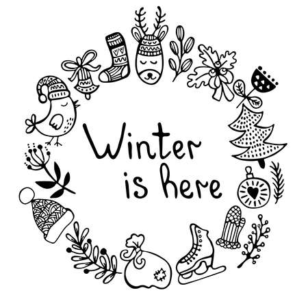 Christmas and New Year wreath with hand drawn elements. Winter and festive doodle background. Greeting card.のイラスト素材