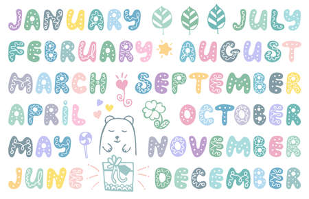 Handwritten names of months and cute doodle elements. Set for banner, notebook, diary, daily log, datebook, calendar, schedule, organizer, greeting card, bullet journal, and planner. のイラスト素材