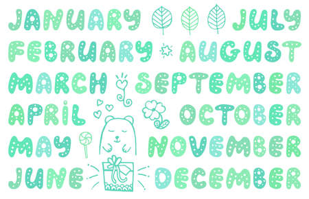 Handwritten names of months and cute doodle elements. Set for banner, notebook, diary, daily log, datebook, calendar, schedule, organizer, greeting card, bullet journal, and planner. のイラスト素材