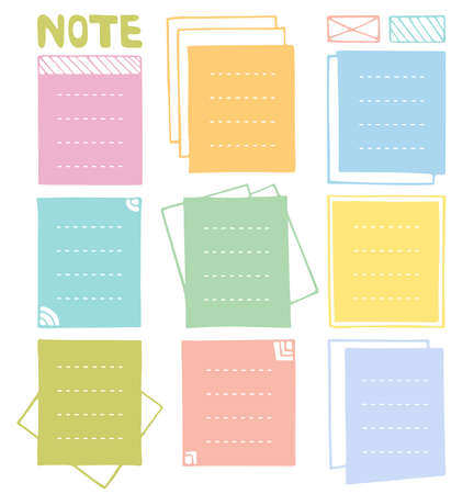 Bullet journal hand drawn vector frames for notebook, diary and planner. Set of sketch stickers, different note papers. Doodle banners isolated on white background. のイラスト素材