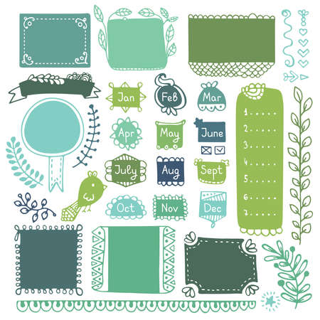 Bullet journal hand drawn vector elements for notebook, diary and planner. Doodle frames isolated on white background.のイラスト素材