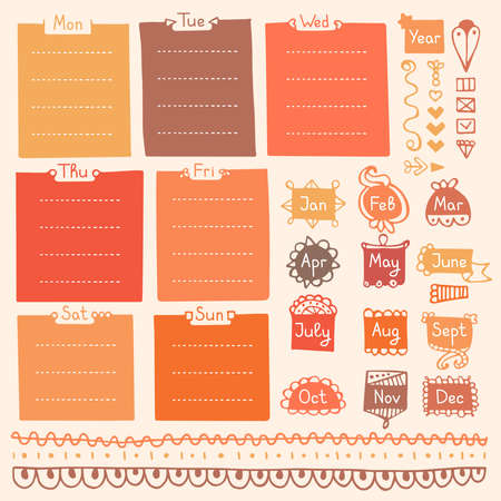 Bullet journal hand drawn vector elements for notebook, diary and planner. Set of doodle frames.のイラスト素材