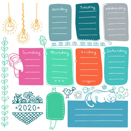 Bullet journal hand drawn vector elements for notebook, diary and planner. Set of doodle frames, banners and floral and Christmas elements isolated on white background.のイラスト素材