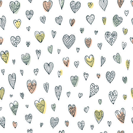 Cute seamless doodle pattern with different hearts. Hand drawn vector illustration. Design element for wallpapers, wedding attributes, fabrics, and other surfaces.のイラスト素材