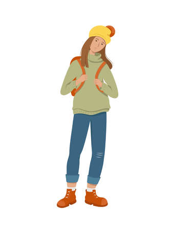 A tired student stands holding a backpack behind her back. Isolated on white background. Flat style vector illustration.のイラスト素材