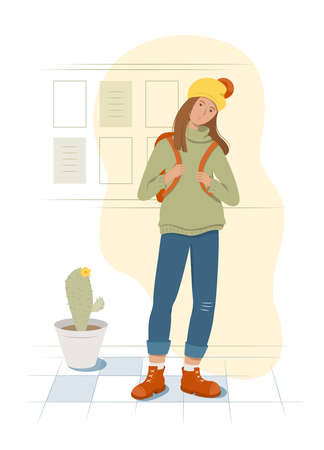 A tired student stands holding a backpack behind her back. Information wall and cactus on background. Flat style vector illustration.のイラスト素材