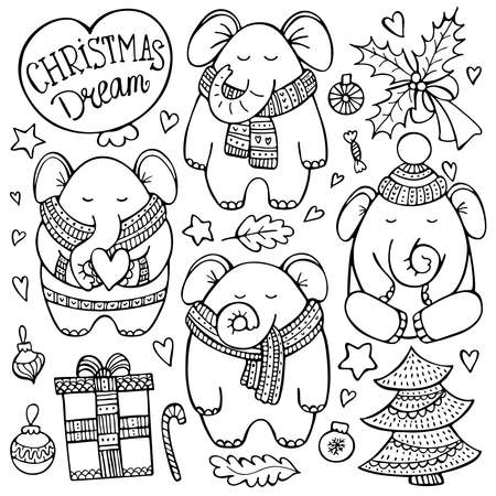 Christmas doodle set with elephants in knitted scarves surrounded by decorative elements. Cute hand-drawn vector background.のイラスト素材