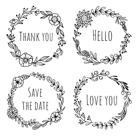 Set of black doodle round frames, vignettes for bullet journal, notebook, diary, and planner isolated on white background. Hand-drawn wreaths with space for your textのイラスト素材